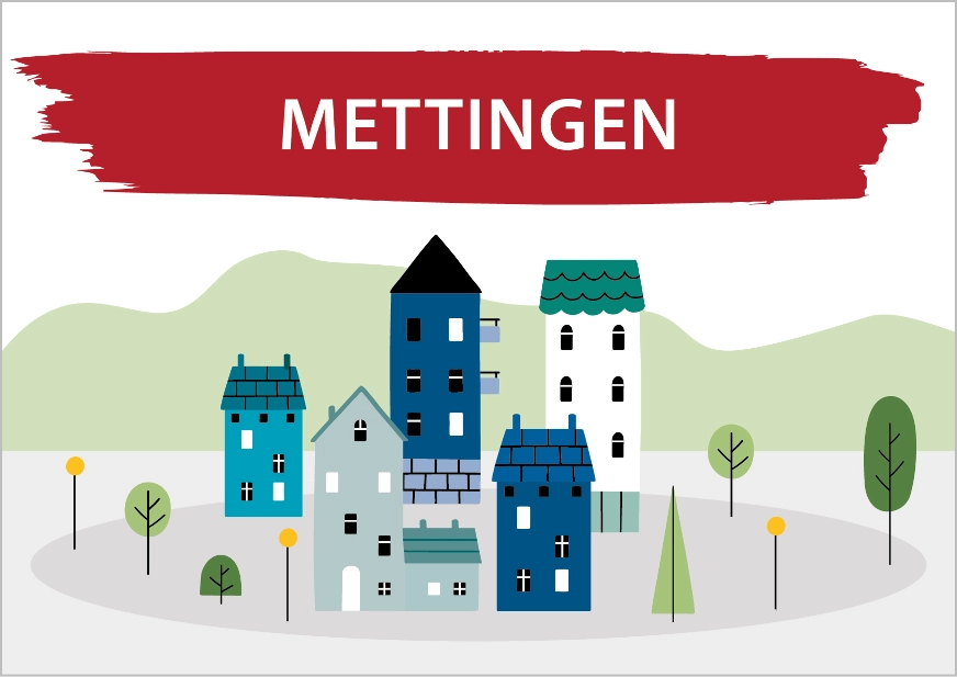 Das Bild zeigt eine Zeichnung von Häusern und Bäumen. Darüber steht Mettingen. Link zum Bereich Bestand Mettingen.