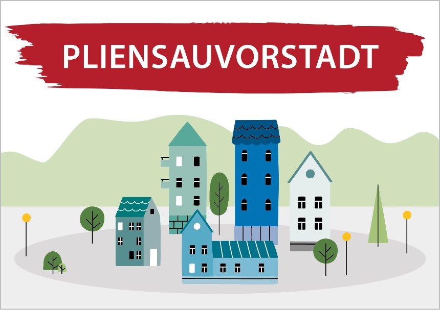 Das Bild zeigt eine Zeichnung von Häusern und Bäumen. Darüber steht Pliensauvorstadt. Link zum Bereich Bestand Pliensauvorstadt.