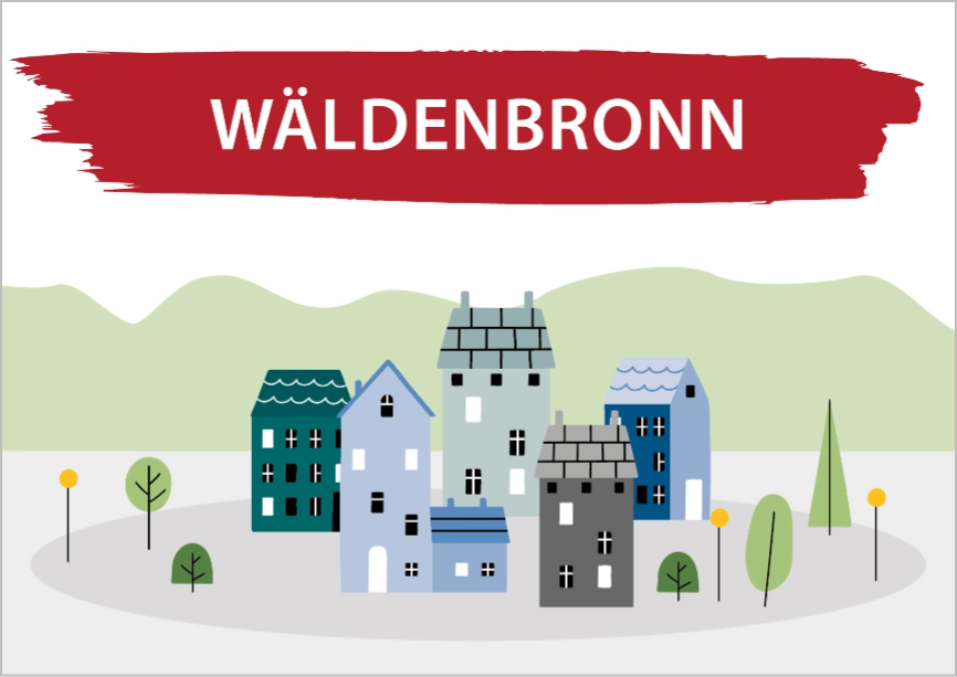 Das Bild zeigt eine Zeichnung von Häusern und Bäumen. Darüber steht Wäldenbronn. Link zum Bereich Bestand Wäldenbronn.