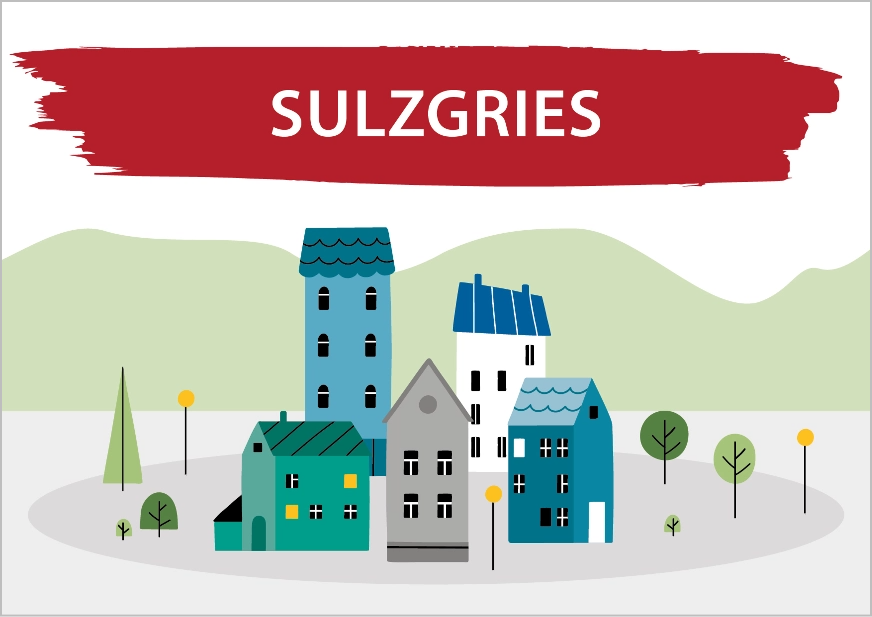 Das Bild zeigt eine Zeichnung von Häusern und Bäumen. Darüber steht Sulzgries. Link zum Bereich Bestand Sulzgries.