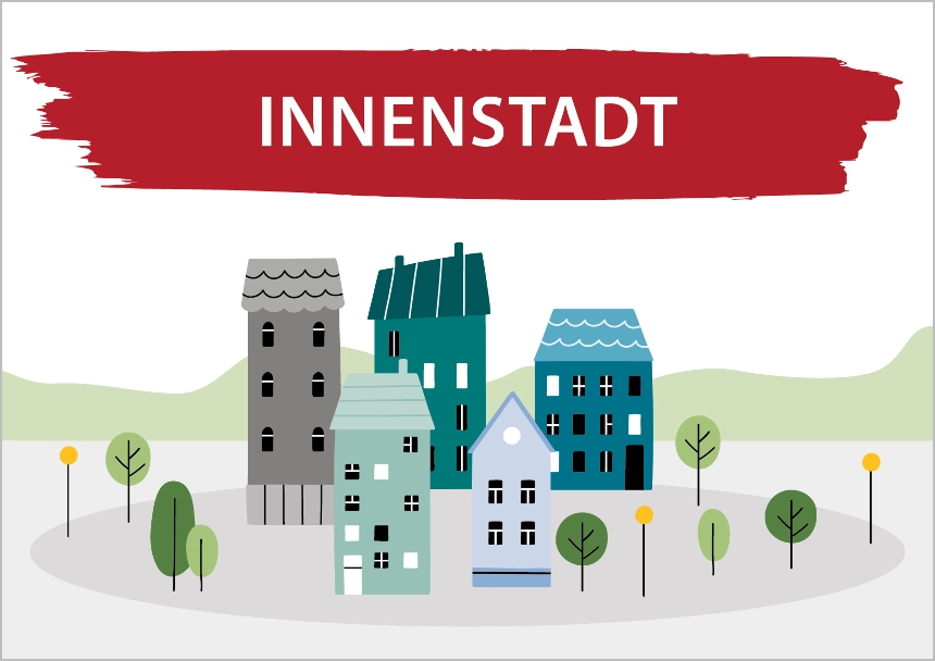 Das Bild zeigt eine Zeichnung von Häusern und Bäumen. Darüber steht Innenstadt. Link zum Bereich Bestand Innenstadt.