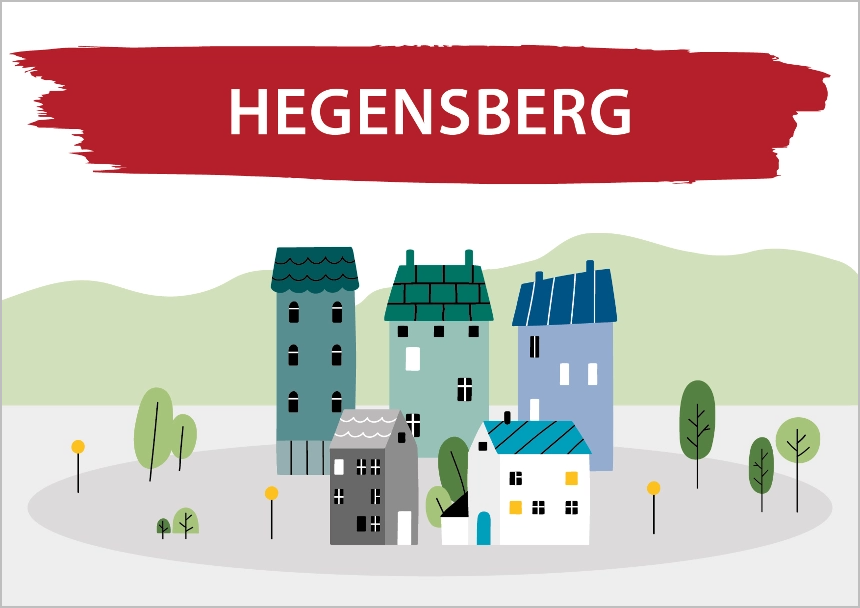 Das Bild zeigt eine Zeichnung von Häusern und Bäumen. Darüber steht Hegensberg. Link zum Bereich Bestand Hegensberg.
