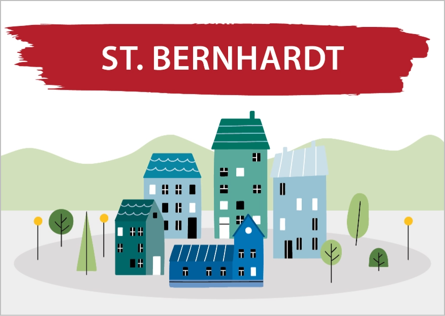 Das Bild zeigt eine Zeichnung von Häusern und Bäumen. Darüber steht St. Bernhardt. Link zum Bereich Bestand St. Bernhardt.