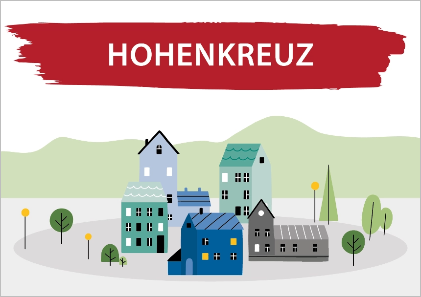 Das Bild zeigt eine Zeichnung von Häusern und Bäumen. Darüber steht Hohenkreuz. Link zum Bereich Bestand Hohenkreuz.