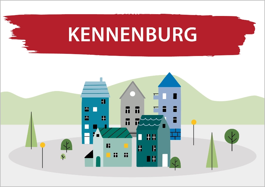 Das Bild zeigt eine Zeichnung von Häusern und Bäumen. Darüber steht Kennenburg. Link zum Bereich Bestand Kennenburg.