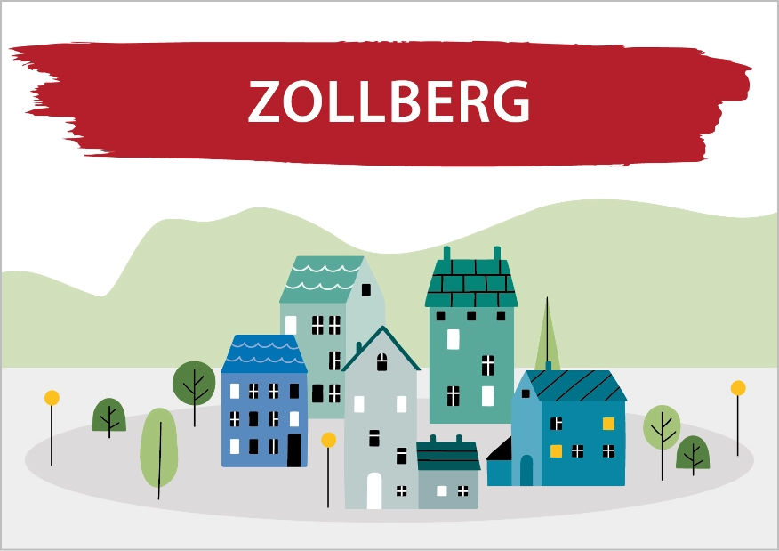 Das Bild zeigt eine Zeichnung von Häusern und Bäumen. Darüber steht Zollberg. Link zum Bereich Bestand Zollberg.