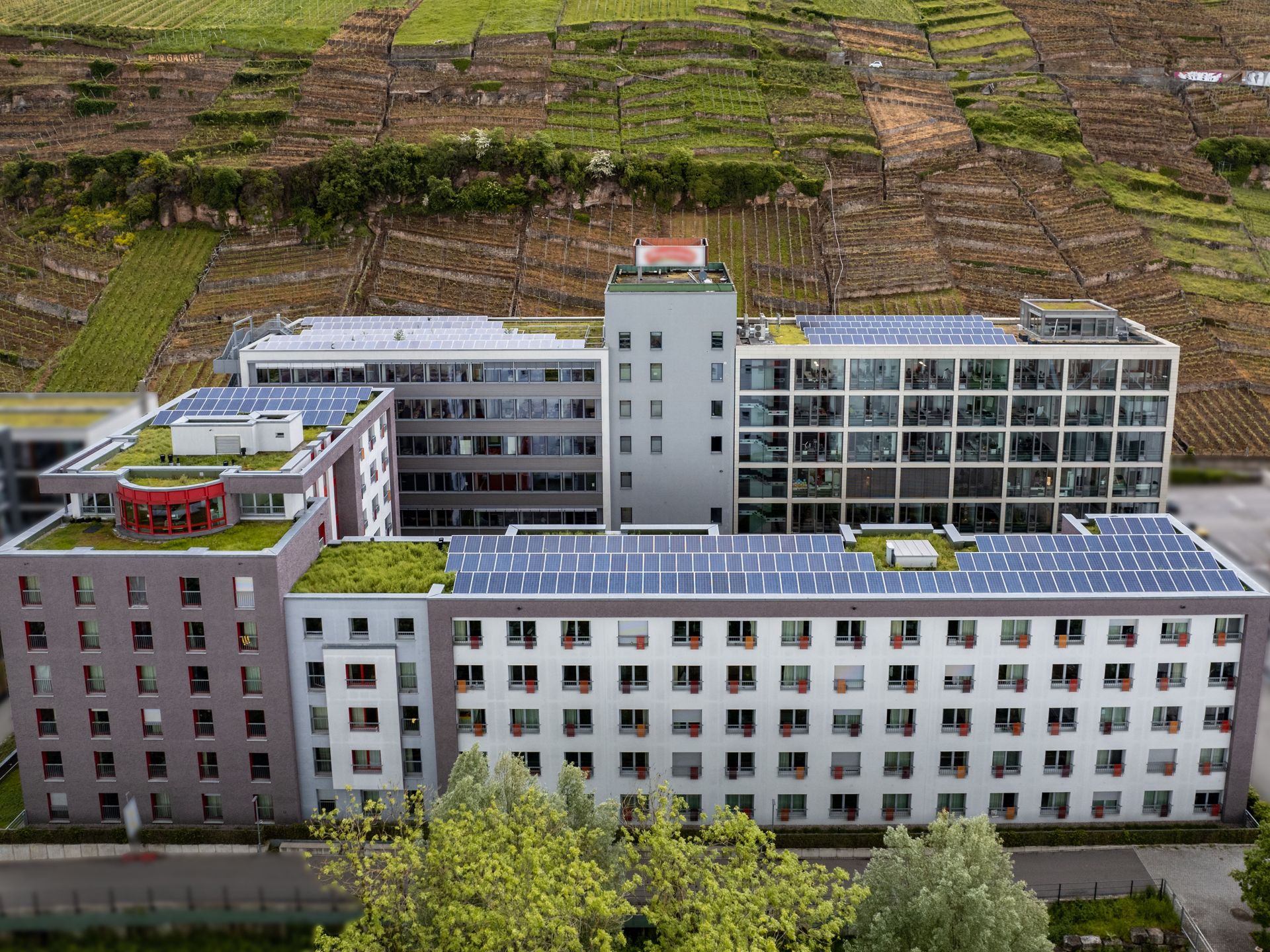 Das Bild zeigt mehrere Gebäude, die mit Solaranlagen bedeckt sind. Die Anlage liegt am Hang und bietet einen Blick auf terrassierte Weinberge im Hintergrund.