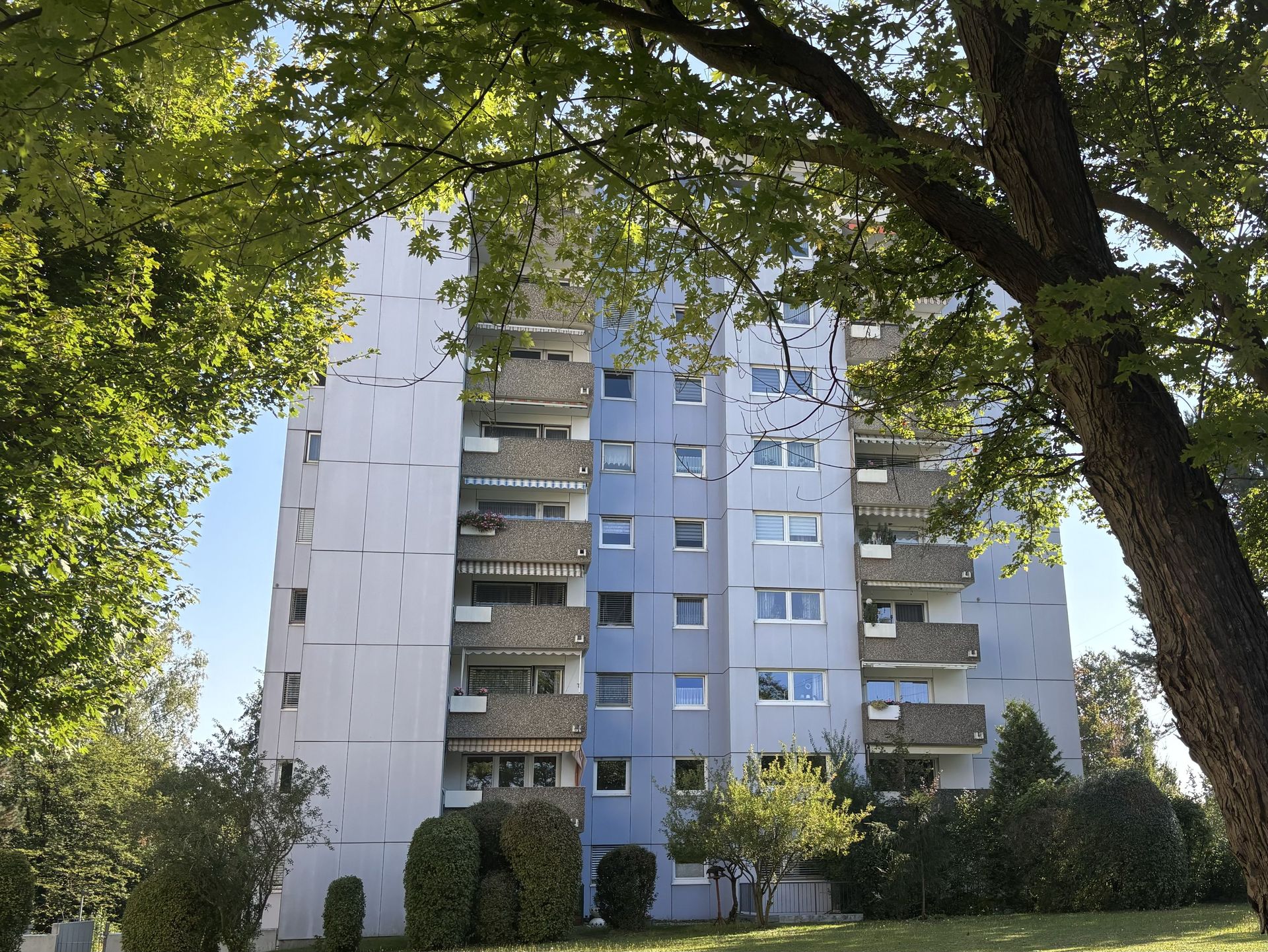 Das Bild zeigt ein hellblaues Hochhaus mit Balkonen. Vor dem Haus ist eine Grünfläche mit Bäumen und Sträuchern. Vorne rechts im Bild sieht man einen großen Baum.