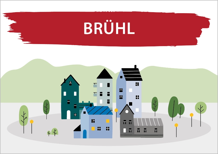 Das Bild zeigt eine Zeichnung von Häusern und Bäumen. Darüber steht Brühl. Link zum Bereich Bestand Brühl.