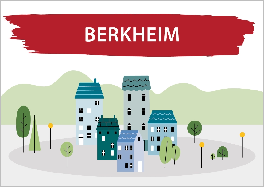 Das Bild zeigt eine Zeichnung von Häusern und Bäumen. Darüber steht Berkheim. Link zum Bereich Bestand Berkheim.
