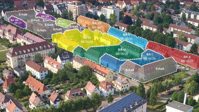 Das Bild zeigt eine Wohnanlage auf denen die verschiedenen Häuser mit verschiedenen Farben gekennzeichnet sind.