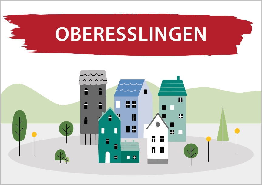 Das Bild zeigt eine Zeichnung von Häusern und Bäumen. Darüber steht Oberesslingen. Link zum Bereich Bestand Oberesslingen.