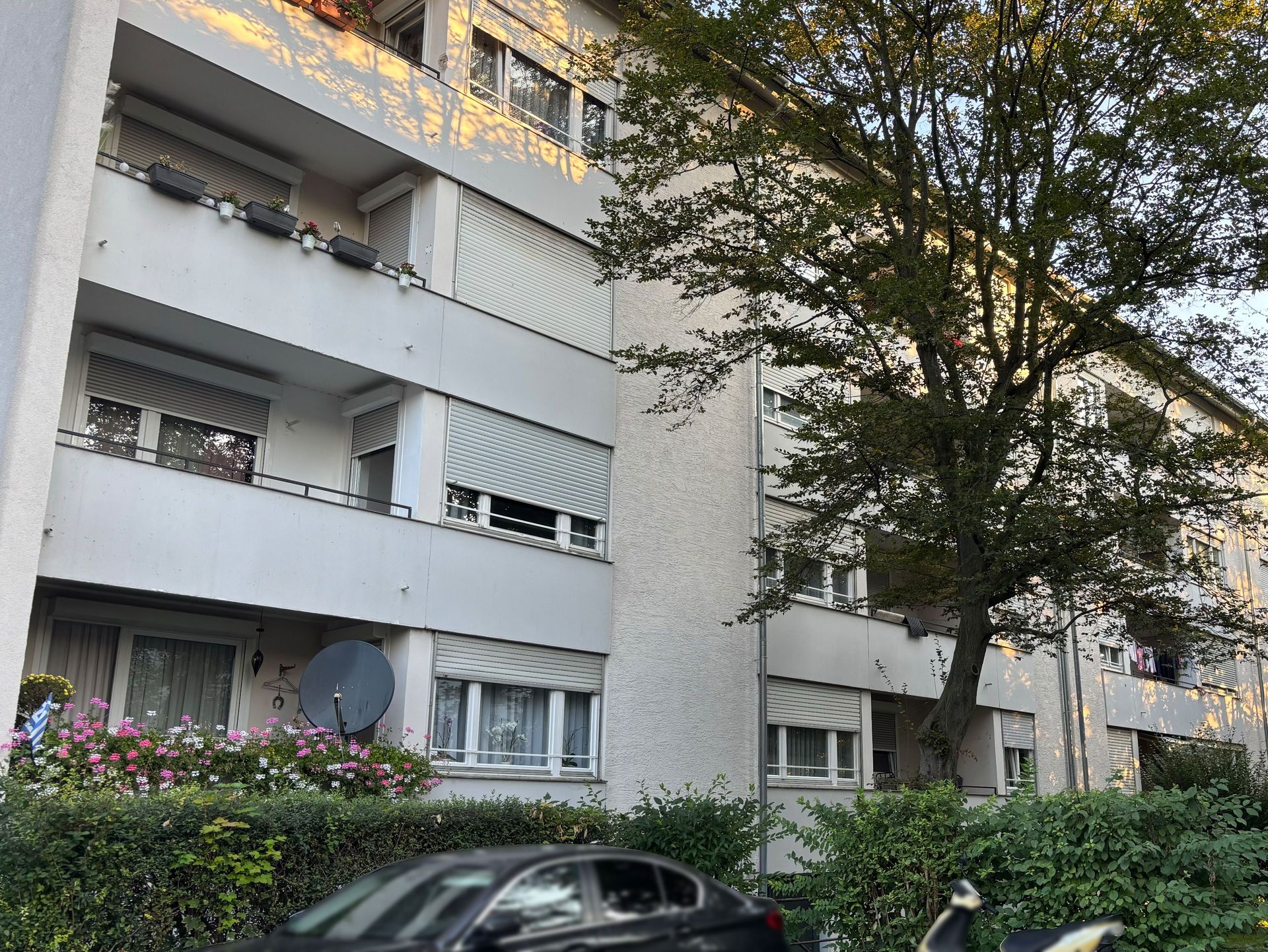 Das Bild zeigt ein Mehrfamilienhaus mit heller Fassade und grauen Fensterläden, vor dem ein Auto geparkt ist. Das Gebäude hat mehrere Stockwerke mit Balkonen und wird teilweise von einem Baum verdeckt, der am Straßenrand steht.