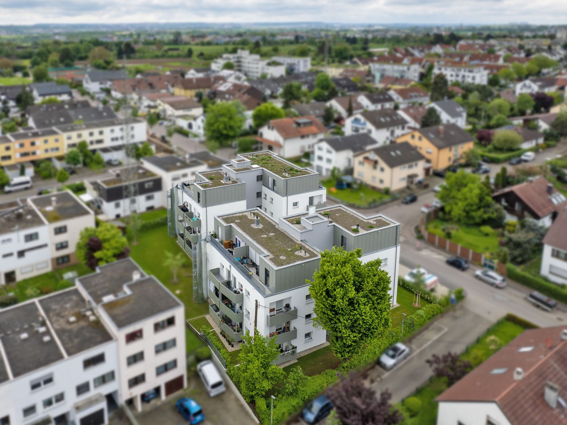 Das Bild zeigt eine Wohnanlage mit mehreren Häusern. Die Häuser haben eine begrünte Dachfläche und die Häuser sind von einer Hecke umgeben.