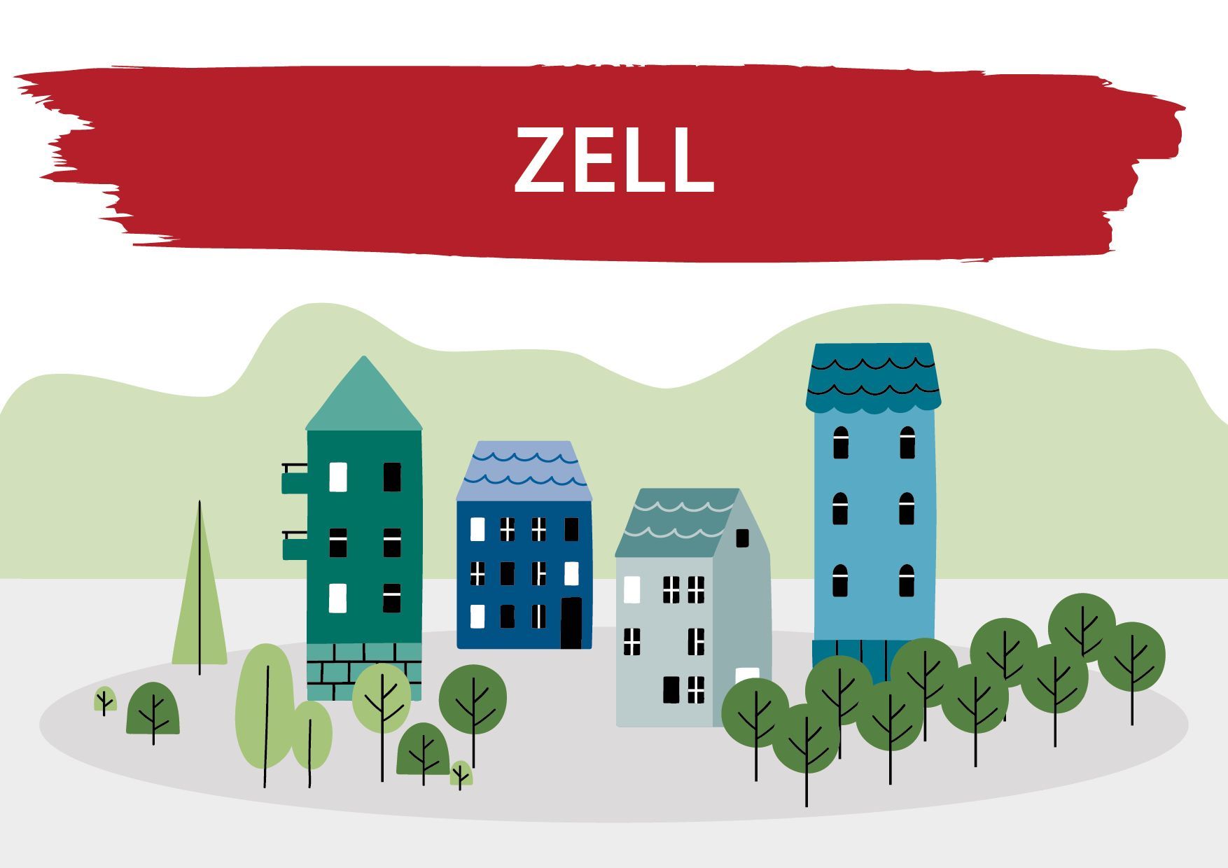 Das Bild zeigt eine Zeichnung von Häusern und Bäumen. Darüber steht Zell. Link zum Bereich Bestand Zell.